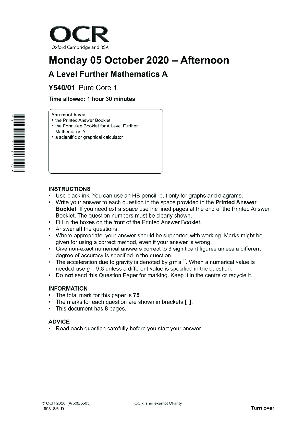 Preview image for Further Mathematics A Y540/01: Pure Core 1 Advanced GCE QUESTION PAPER for November 2020